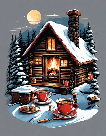 winter coloring book image featuring a cozy fireplace scene with hot cocoa and cider in color