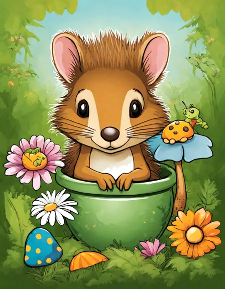 Coloring book image of fairy garden scene with squirrel, mouse, hedgehog, frog, and caterpillar in color