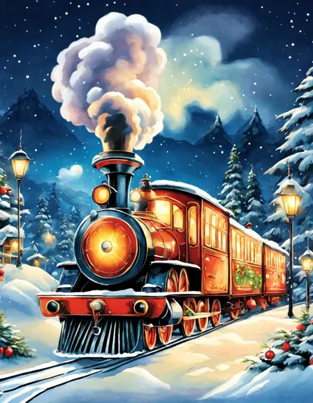 Coloring book image of vintage steam train with holiday decorations in a snowy landscape with a cozy village background in color