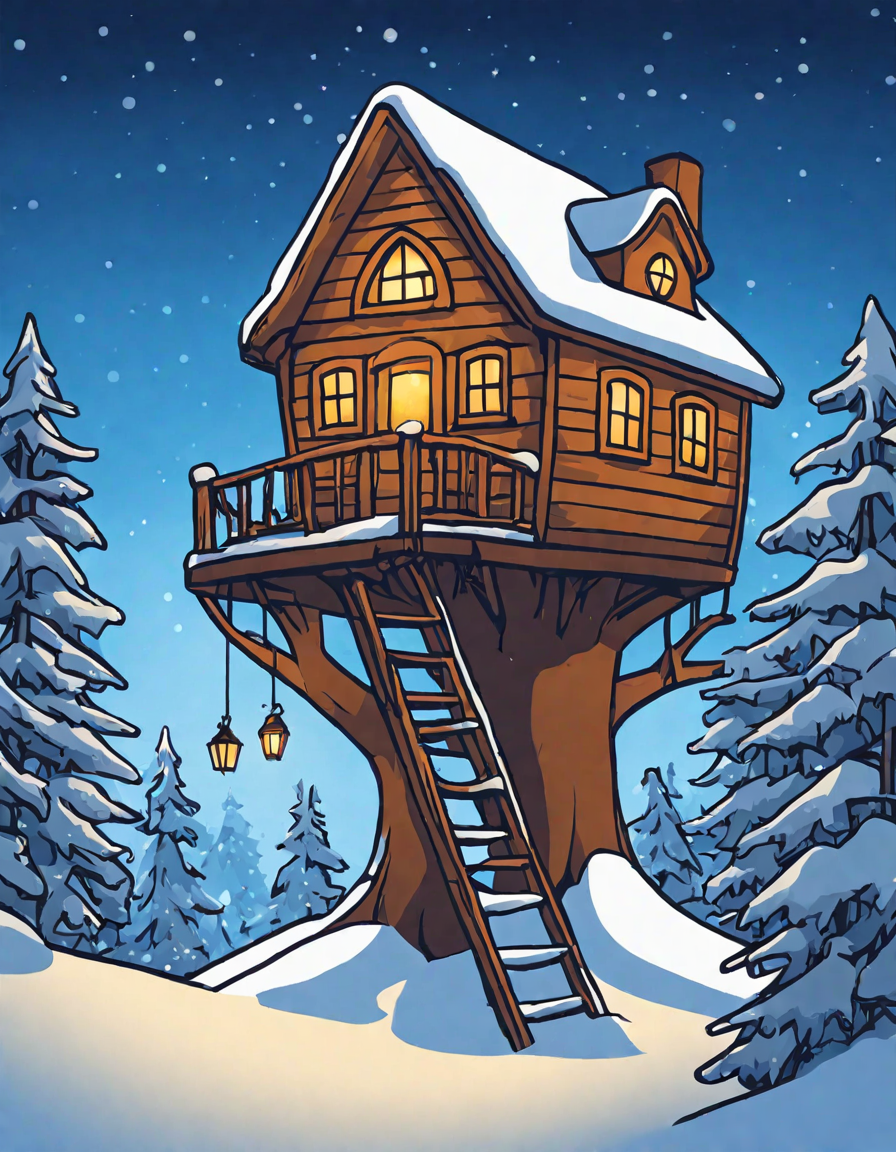 Coloring book image of magical winter wonderland treehouse with icicles, snowy steps, and forest animals around in color