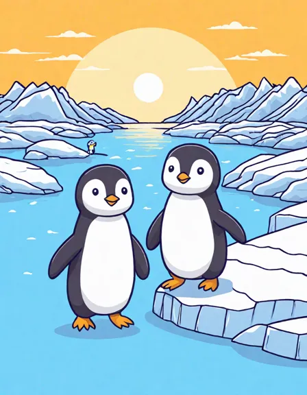 Coloring book image of adorable penguin colony waddles gracefully across icy expanse of iceberg in antarctica in color