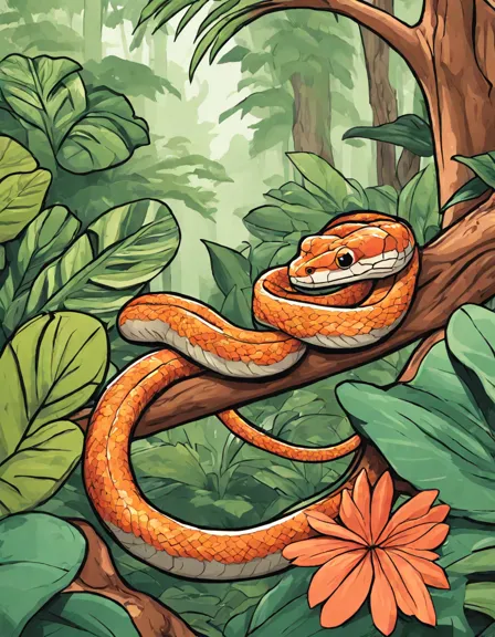 coloring page of a jungle safari with snakes like boa constrictors and vipers amidst lush foliage in color