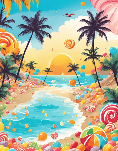 Coloring book image of sugary shores in candy land with sugar sand beaches, gumdrop boulders, and candy cane palm trees in color