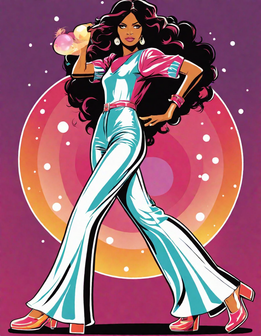 70s disco glamour coloring page with a figure in a shimmering bell-bottom jumpsuit, feathered hair, and a disco ball in color