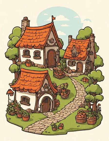 Coloring book image of enchanted village with magical cobbled streets, quaint cottages, and lively market stalls in color