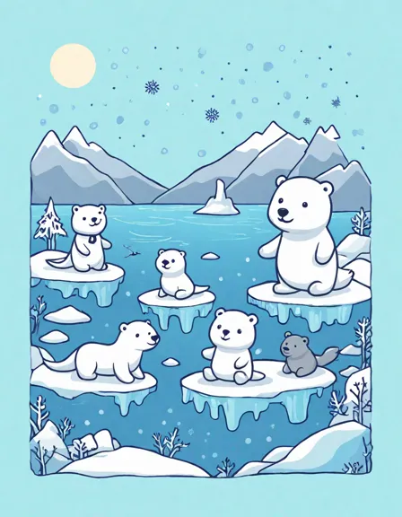coloring page featuring narwhals, seals, polar bears, icebergs under the northern lights in the arctic sea in color
