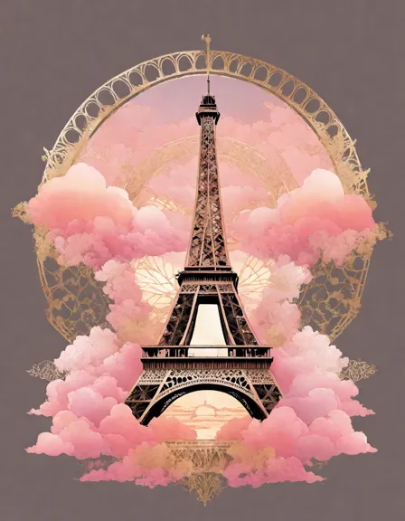 intricate coloring book page of the eiffel tower surrounded by soft pink and gold clouds, capturing the glow of the parisian sunrise in color