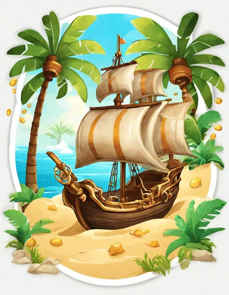 coloring page of treasure hunting on pirate's cove with a map, palm trees, and pirate ship in color