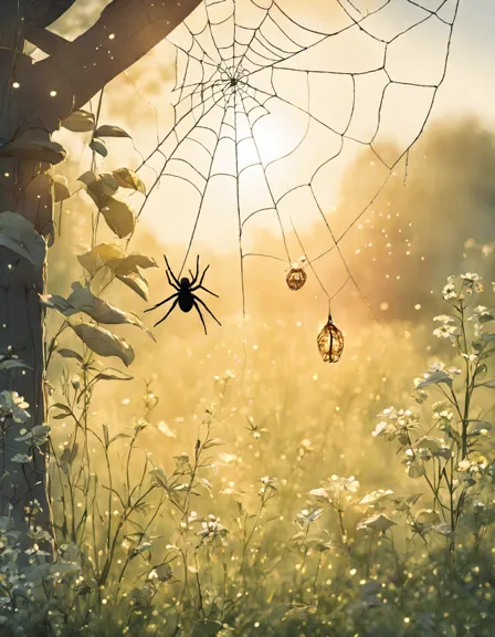 coloring page of a dew-covered spider's web at dawn in a bug-filled garden in color