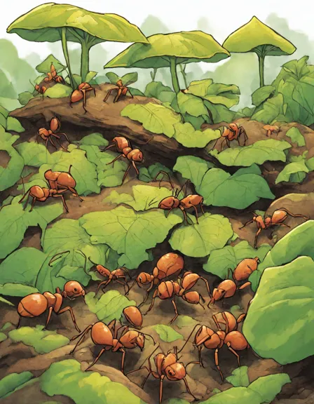 leafcutter ants carrying leaves in a detailed coloring book page showcasing their underground colony in color