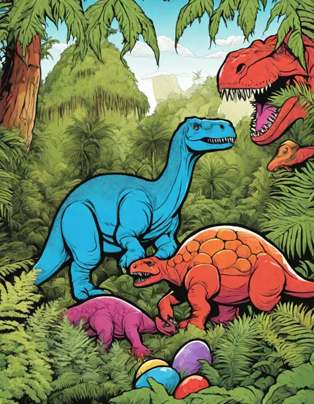 coloring page of children discovering dinosaur eggs in a prehistoric jungle in color