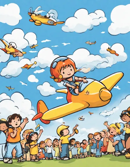 coloring page of a stunt plane performing a loop-the-loop at an air show with spectators in color