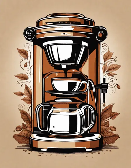 Coloring book image of cozy coffee corner with intricate patterns, freshly brewed cup, coffee maker, grinder, and mugs in color