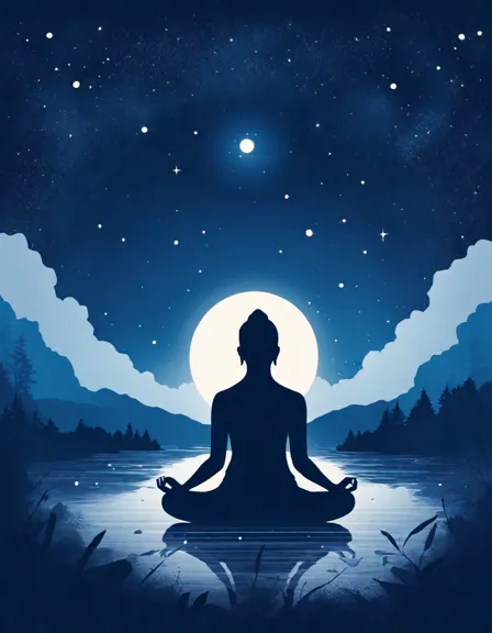 serene coloring book image of person in lotus position under starry sky surrounded by nature - perfect for mindfulness and relaxation in color