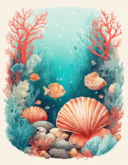 intricate coloring page featuring hidden seashells, vibrant coral reefs, and playful fish in a mesmerizing lagoon scene in color