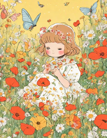 intricate coloring book page featuring a secret garden with blooming daisies, lilies, and poppies, and a hidden fairy with fluttering wings in color