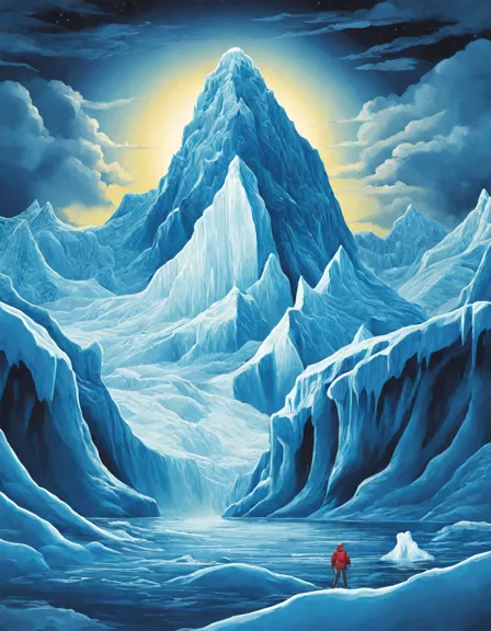 journey to the frozen north in this detailed coloring book page. icebergs resembling mythical creatures float gracefully in shimmering polar waters under the midnight sun, offering a breathtaking spectacle of colors in color