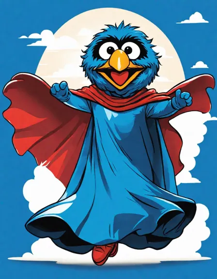 vibrant adventures of super grover coloring scene featuring a joyful, caped grover soaring through the skies in color