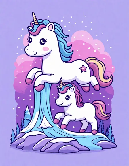 Coloring book image of majestic unicorns in a snow landscape under aurora borealis with an ice castle in color