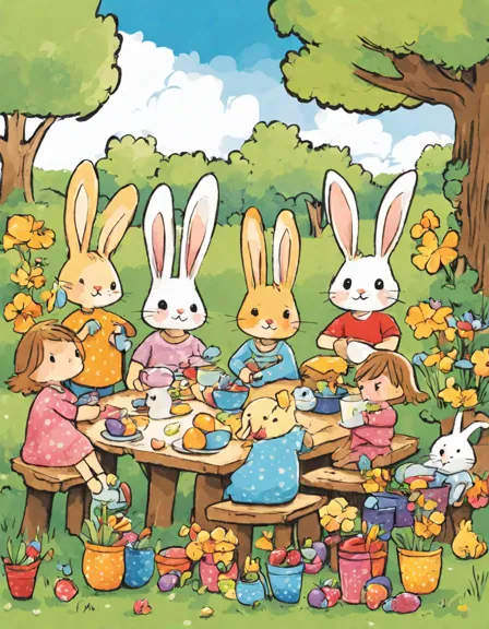 Coloring book image of children decorating easter eggs with paint and brushes at a wooden table, surrounded by flowers and bunnies in color