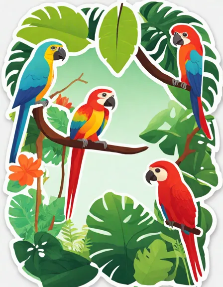 coloring page of rainforest canopy with parrots, monkeys, a chameleon, and a sloth in color