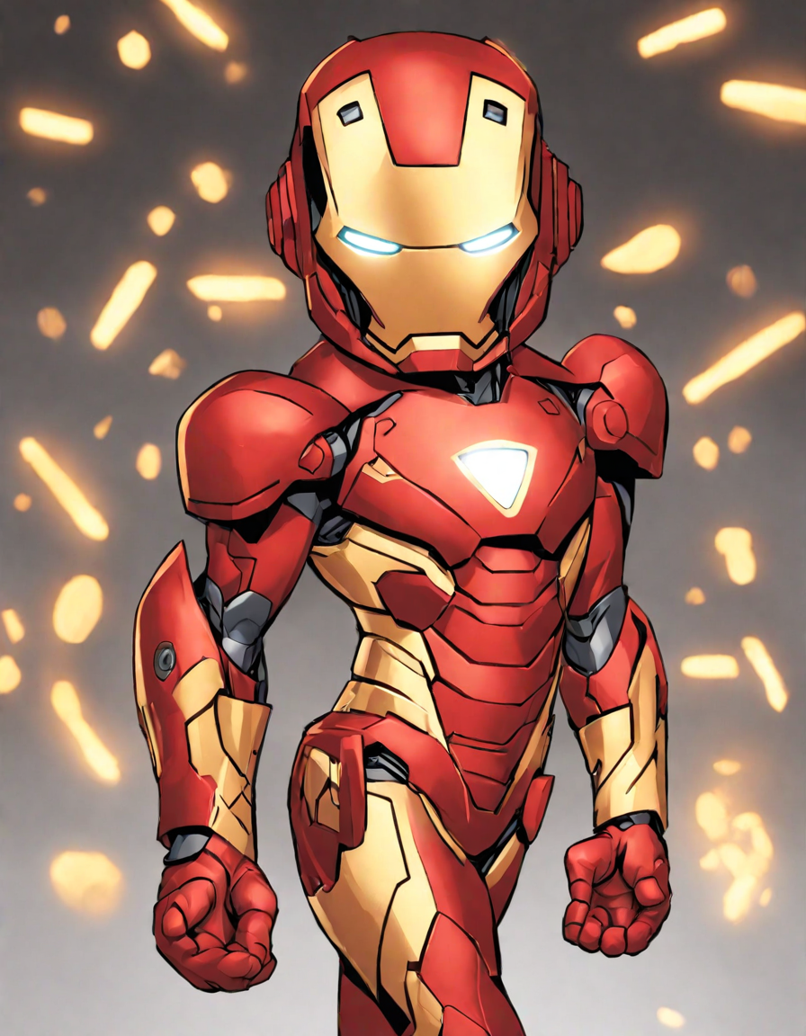 intricate depiction of iron man in dynamic red and gold armor, inviting artistic coloring in color