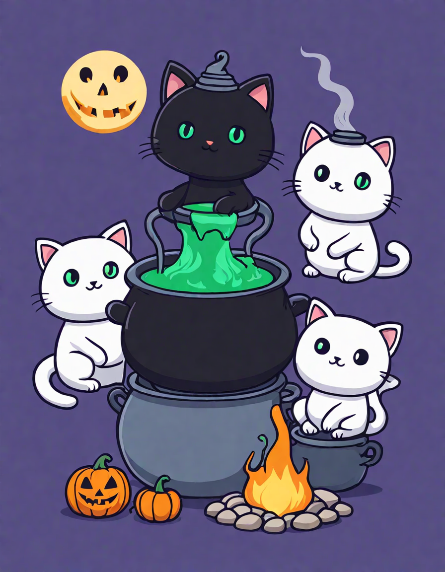 coloring page of three black cats and a cauldron with halloween motifs, perfect for fantasy lovers in color