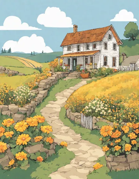charming coloring page of a cozy farmhouse amidst golden haystacks in a serene countryside setting in color