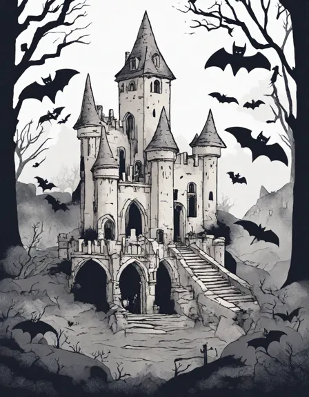 coloring page of a vampire's lair in a ruined castle, with gothic arches, bats, and an open coffin in color