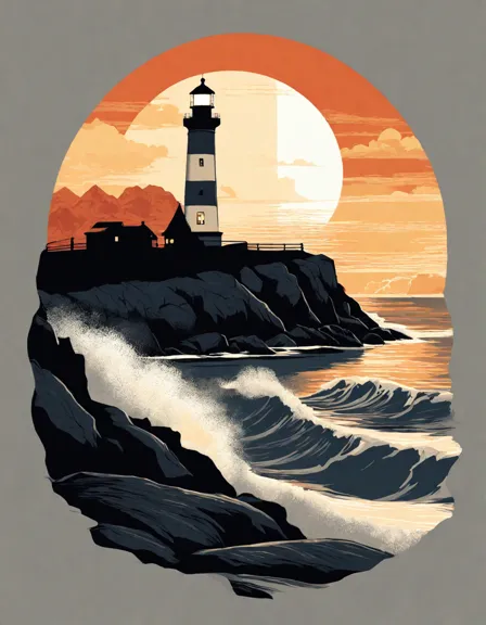 Coloring book image of iconic lighthouse on rugged cliffs with crashing waves and a sunset glow in color