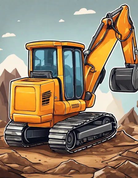 coloring book image of a track loader at a construction site with a building structure in the background in color