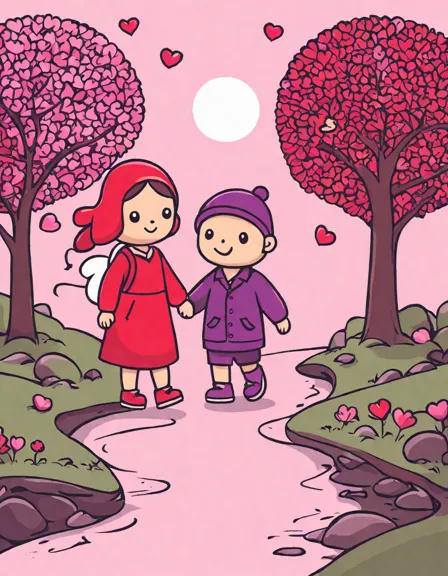 coloring page of lovers walking on a petal-covered path in a magical landscape in color