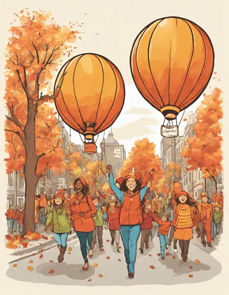 grand thanksgiving parade coloring book image with balloons, bands, and autumn decor in color