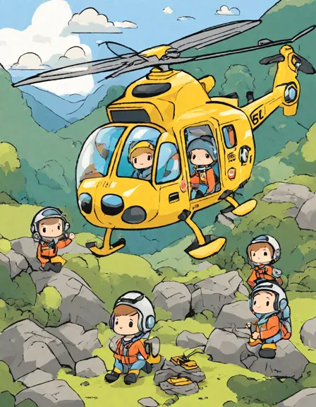 coloring book page of rescue helicopters over mountains, inspiring young artists with adventurous imagery in color
