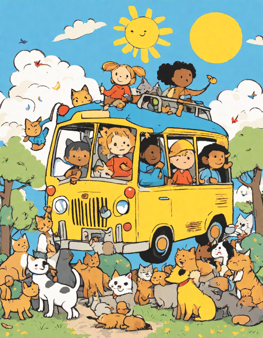 coloring page of the wheels on the bus with children, animals, and sunny scenery needing color in color