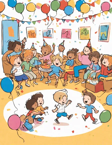 children playing musical chairs at a birthday party with cake and balloons in a coloring page in color