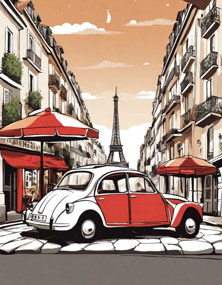 coloring book image of paris streets with eiffel tower, a vintage car, and a couple sharing an umbrella in color