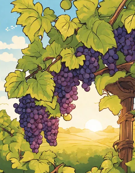 intricate coloring page of a lush vineyard with verdant leaves and glistening grapes, inviting immersion in nature's vibrant depths in color