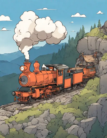 coloring book image of a steam train through mountains and tunnels in color