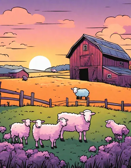 coloring page of a sunset over a farm with animals and a barn in color