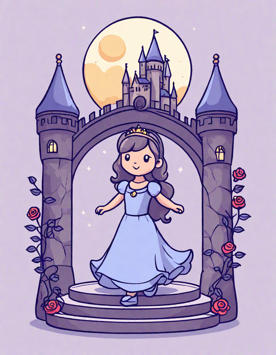Coloring book image of princess dancing in a magical castle courtyard under a full moon, with etched roses and vines in color
