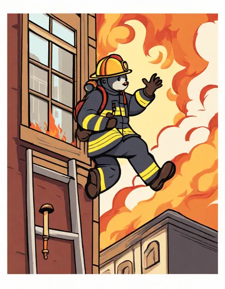 firefighter rescuing kitten from blaze in coloring book image in color