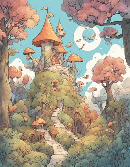 enchanted scene in mystical forest of whispers with ancient trees, fairies, and mysterious castle for coloring enthusiasts in color