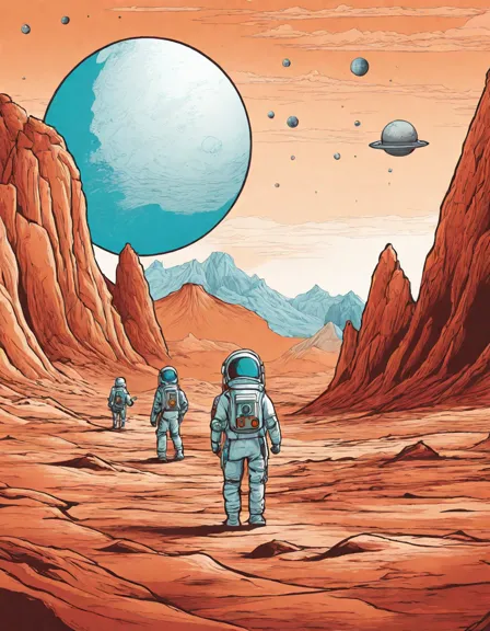 coloring page of astronauts and rovers exploring mars with earth in the background in color