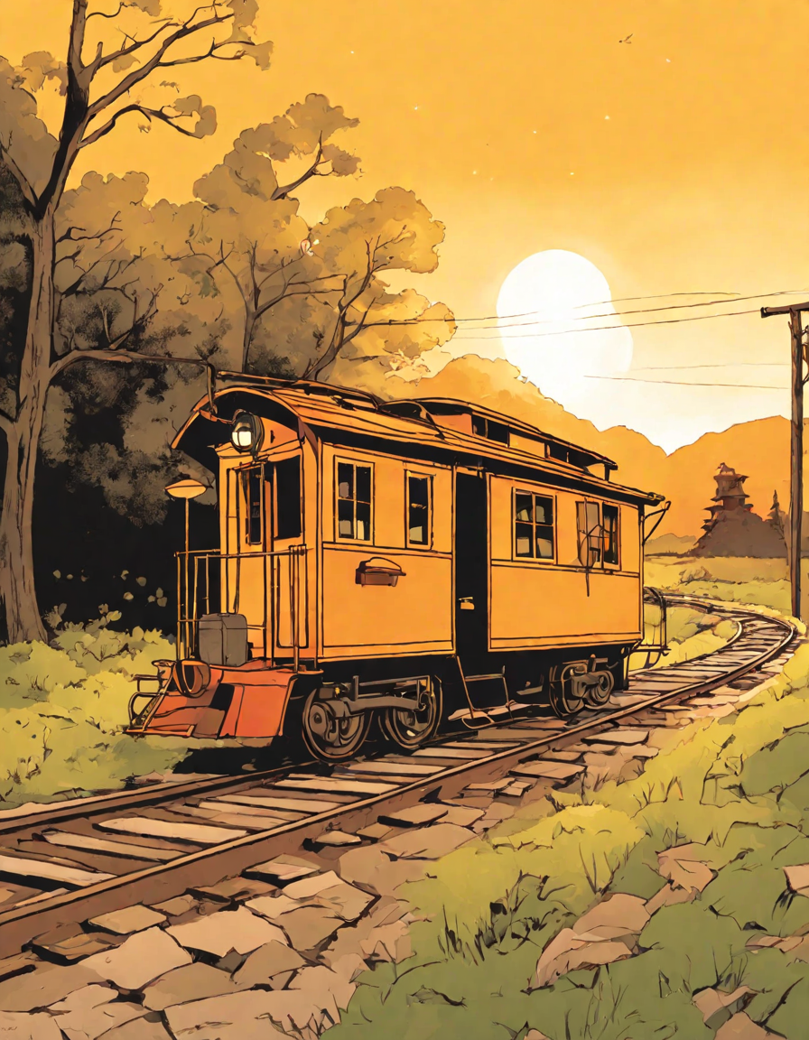 Coloring book image of vintage caboose on tracks at sunset with detailed wood paneling and rolling hills backdrop in color