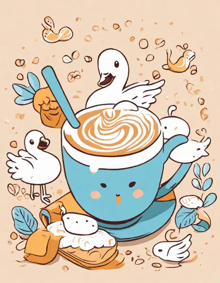 Coloring book image of discover the artistry of coffee art in latte art masterpieces. unleash your creativity with intricate & alluring designs, from delicate rosettas to whimsical swans in color