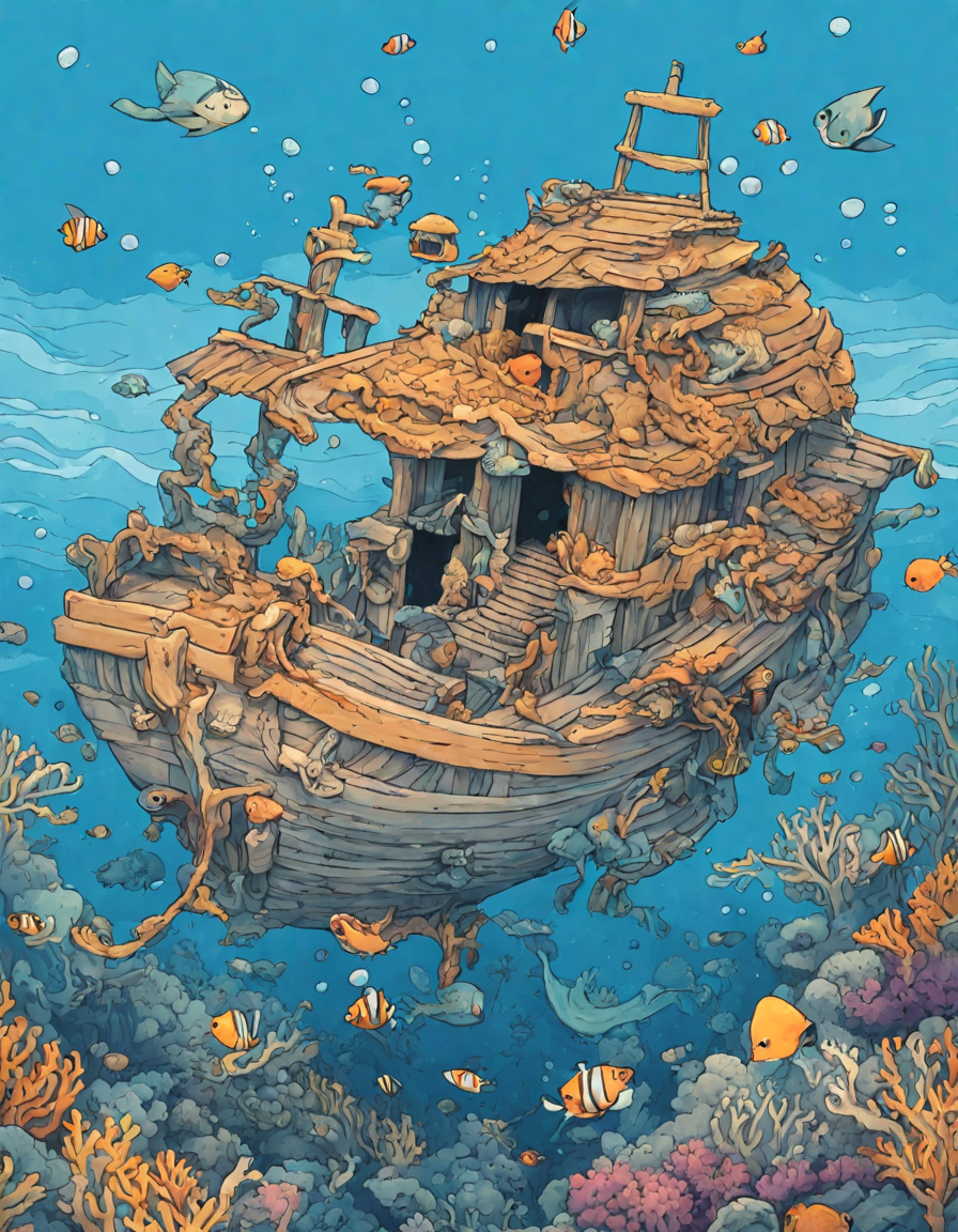 underwater coloring page of an ancient shipwreck surrounded by marine life, coral, and hidden treasures in color