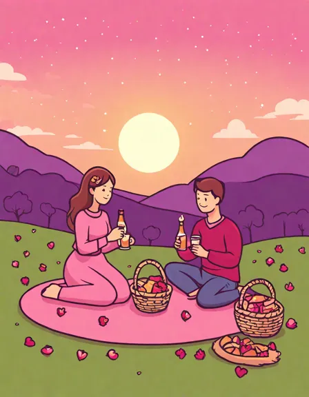 coloring page of a romantic sunset picnic with a couple, food basket, and candles in color