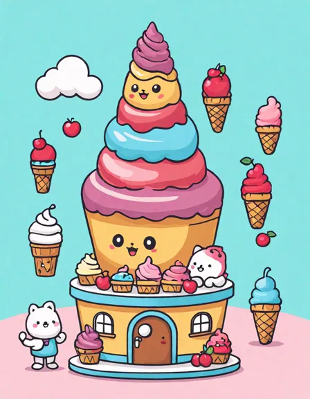 coloring page featuring ice cream artisans making scoops with various toppings, flavors, and whimsical decor in color