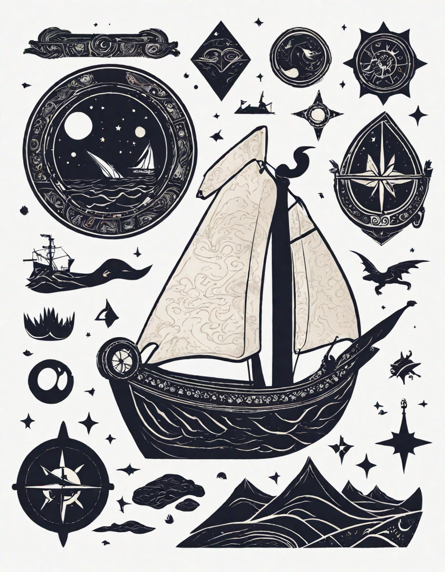 coloring book image of vikings navigating by stars on a longship under a starlit sky in color